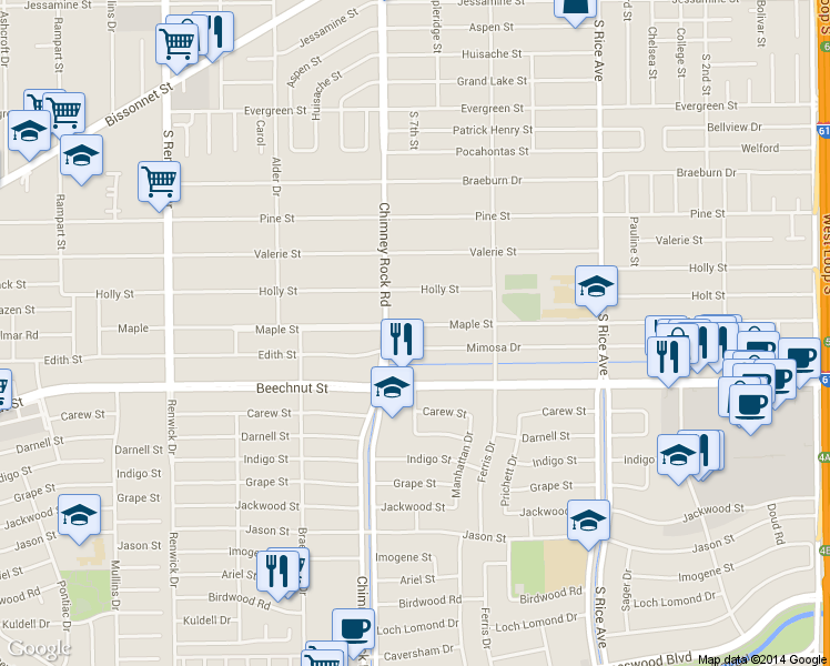 map of restaurants, bars, coffee shops, grocery stores, and more near 5229 Maple St in Bellaire