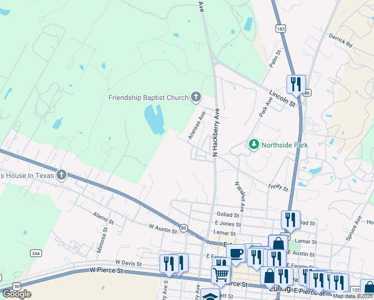 map of restaurants, bars, coffee shops, grocery stores, and more near 407 Trinity Street in Luling