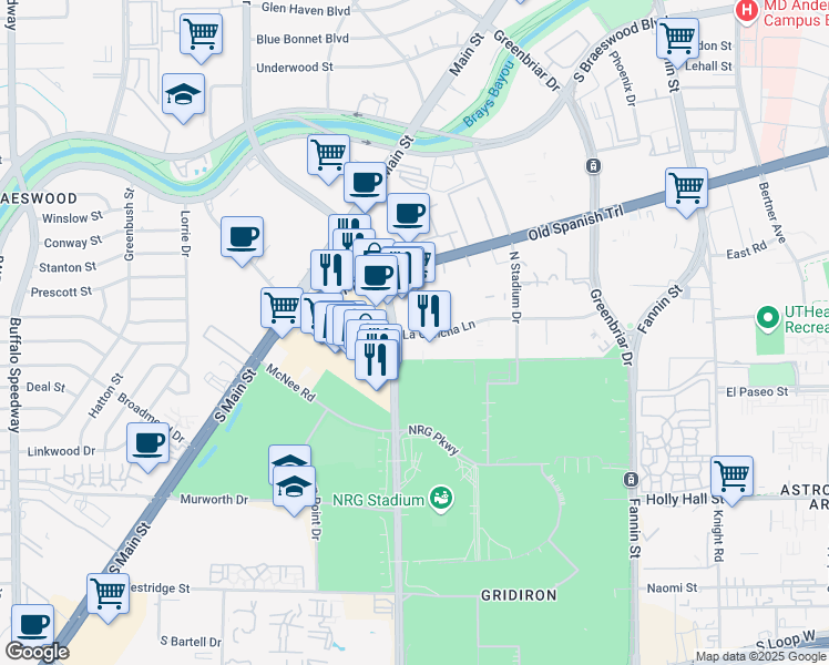 map of restaurants, bars, coffee shops, grocery stores, and more near 1303 LaConcha in Houston
