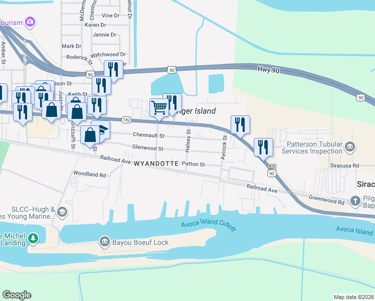 map of restaurants, bars, coffee shops, grocery stores, and more near 301 Glenwood Street in Morgan City