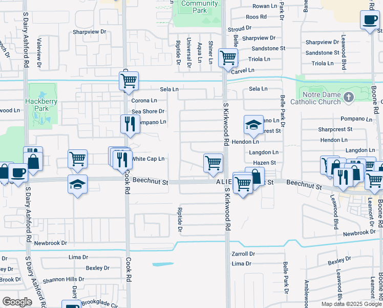map of restaurants, bars, coffee shops, grocery stores, and more near 12015 Langdon Lane in Houston