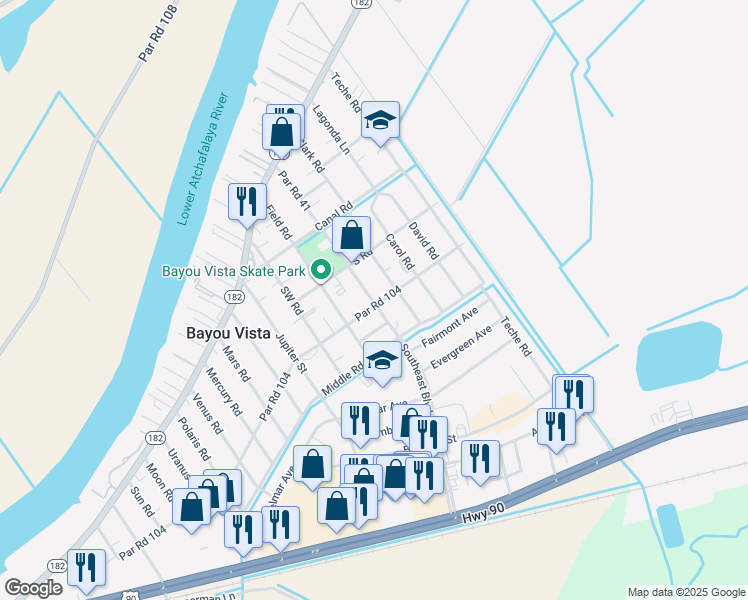 map of restaurants, bars, coffee shops, grocery stores, and more near 1403 Par Road 104 in Morgan City