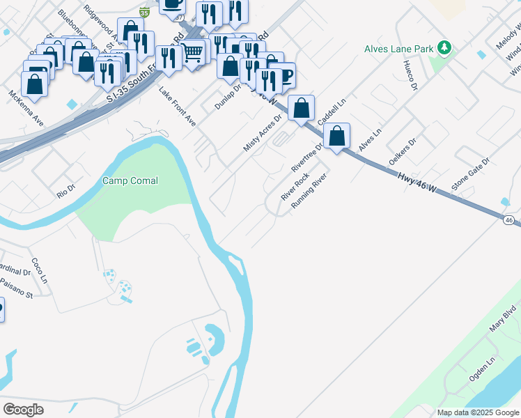 map of restaurants, bars, coffee shops, grocery stores, and more near 984 River Bank in New Braunfels