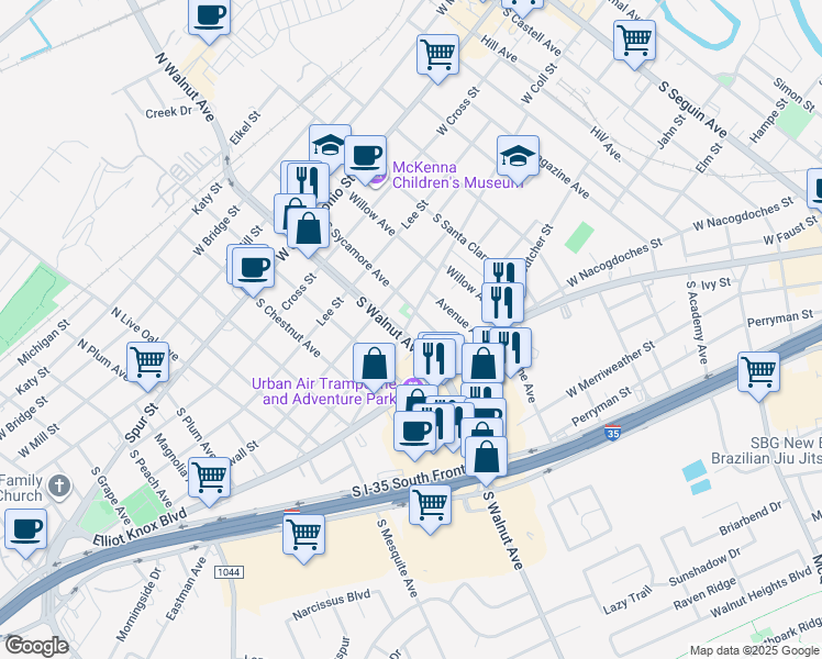 map of restaurants, bars, coffee shops, grocery stores, and more near 1073 West Coll Street in New Braunfels