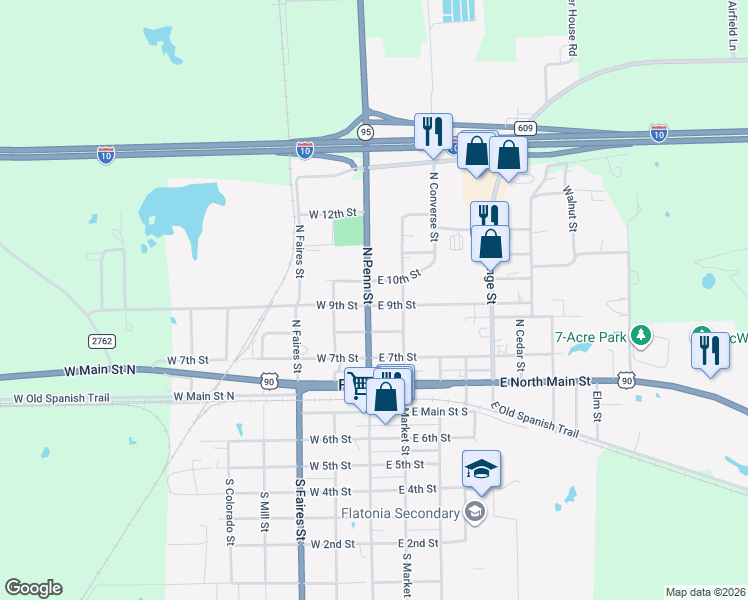 map of restaurants, bars, coffee shops, grocery stores, and more near 402 North Penn Street in Flatonia