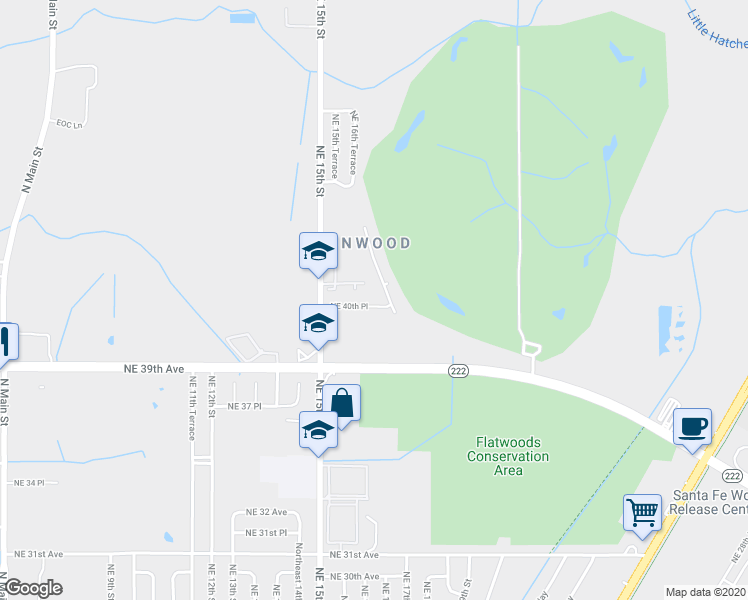 map of restaurants, bars, coffee shops, grocery stores, and more near 1622 Northeast 40th Place in Gainesville