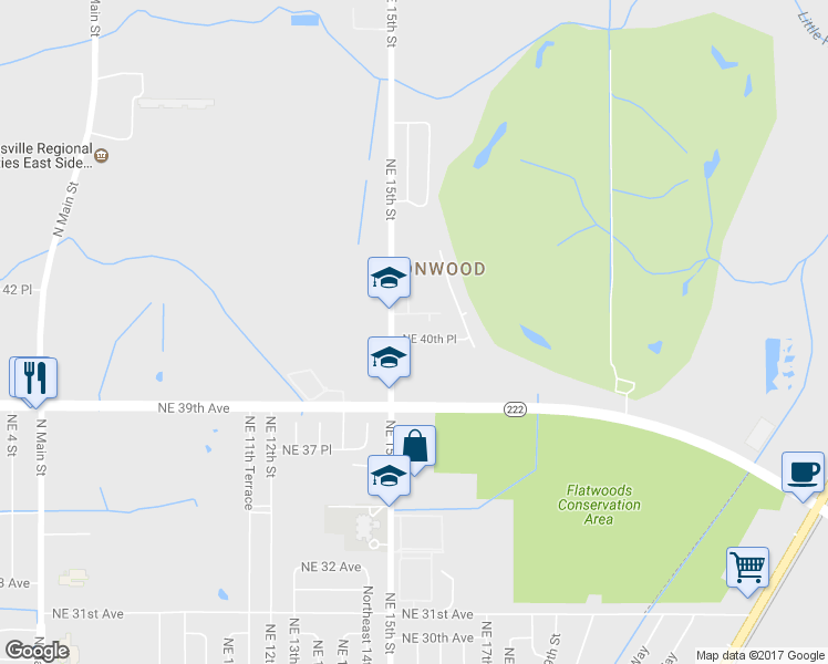 map of restaurants, bars, coffee shops, grocery stores, and more near 1522 Northeast 40th Place in Gainesville