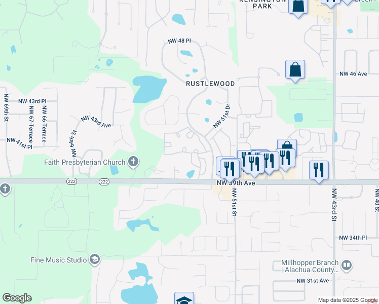 map of restaurants, bars, coffee shops, grocery stores, and more near 5310 Northwest 39th Avenue in Gainesville