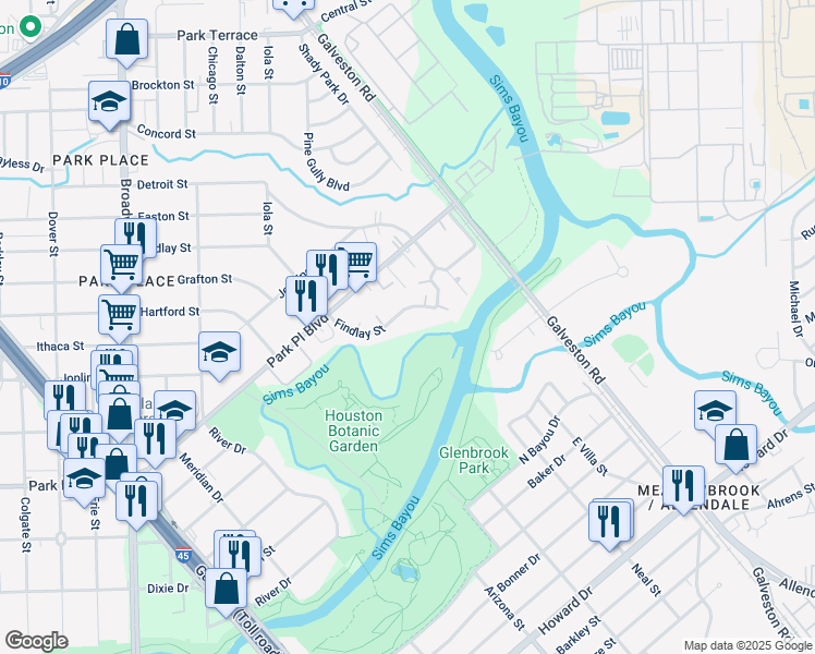 map of restaurants, bars, coffee shops, grocery stores, and more near 8526 Findlay Street in Houston