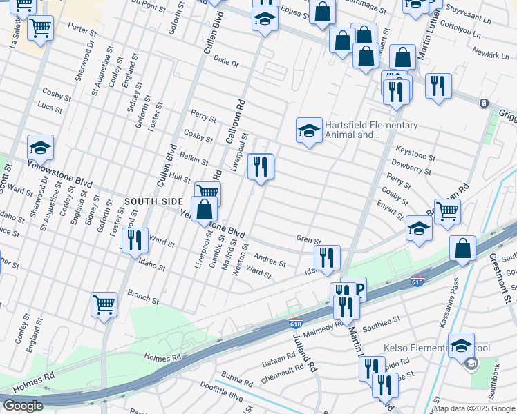 map of restaurants, bars, coffee shops, grocery stores, and more near 4903 Hull Street in Houston