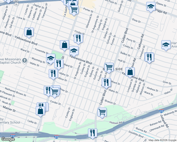 map of restaurants, bars, coffee shops, grocery stores, and more near 6739 Sidney Street in Houston