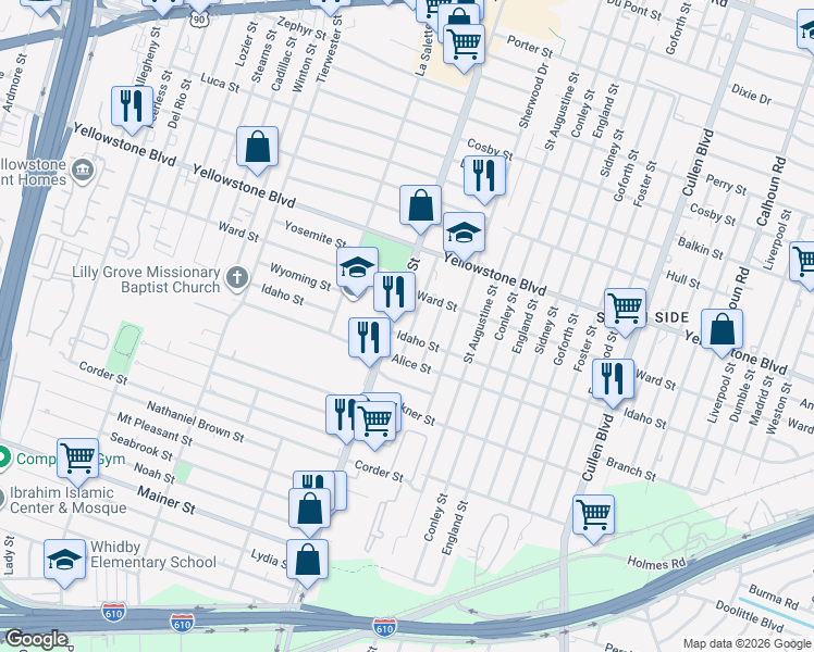map of restaurants, bars, coffee shops, grocery stores, and more near 6835 Scott Street in Houston