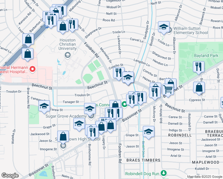 map of restaurants, bars, coffee shops, grocery stores, and more near 8134 Fondren Road in Houston