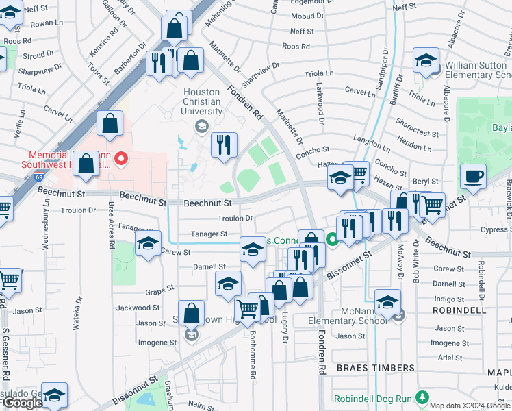 map of restaurants, bars, coffee shops, grocery stores, and more near 7209 Beechnut Street in Houston