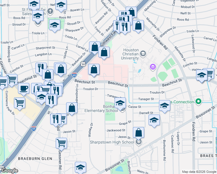 map of restaurants, bars, coffee shops, grocery stores, and more near 7630 Troulon Drive in Houston