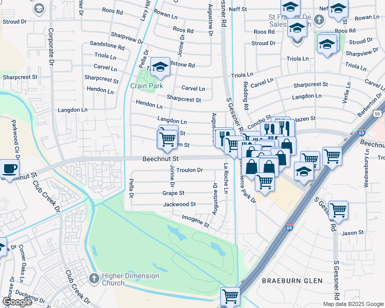 map of restaurants, bars, coffee shops, grocery stores, and more near 8920 Beechnut Street in Houston