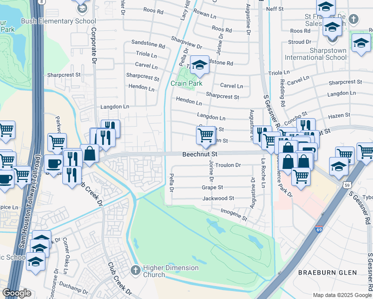 map of restaurants, bars, coffee shops, grocery stores, and more near 9034 Beechnut Street in Houston