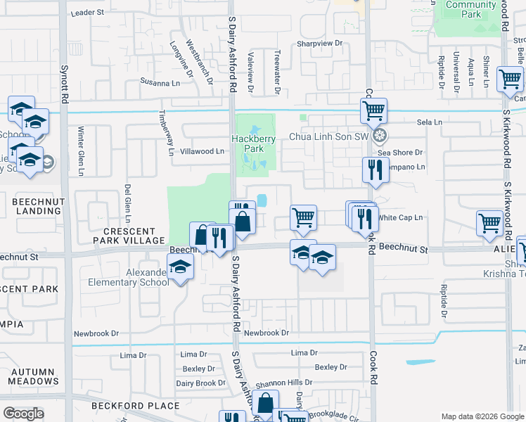 map of restaurants, bars, coffee shops, grocery stores, and more near 12604 Ashford Shadow Drive in Houston