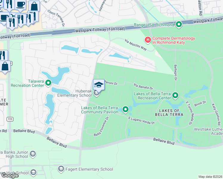 map of restaurants, bars, coffee shops, grocery stores, and more near 11610 Via Verdone Drive in Richmond