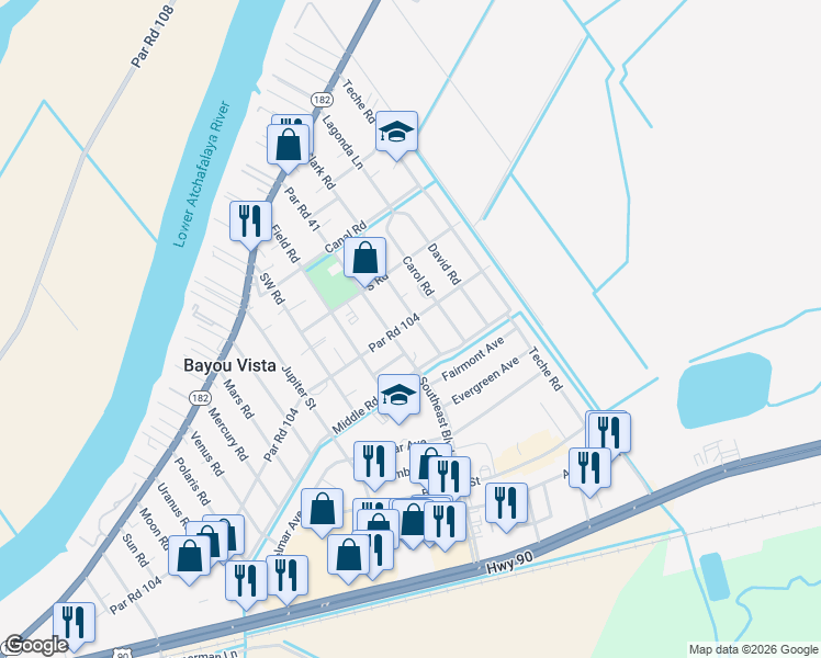 map of restaurants, bars, coffee shops, grocery stores, and more near 1403-1499 Par Road 104 in Morgan City