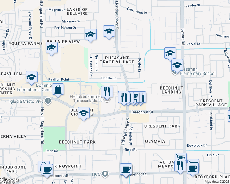 map of restaurants, bars, coffee shops, grocery stores, and more near 8320 Wild Rose Street in Houston