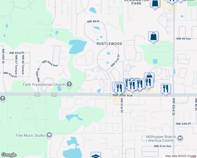 map of restaurants, bars, coffee shops, grocery stores, and more near 5310 Northwest 39th Avenue in Gainesville