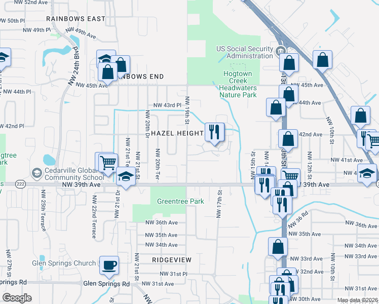 map of restaurants, bars, coffee shops, grocery stores, and more near 1854 NW 41st Ave in Gainesville