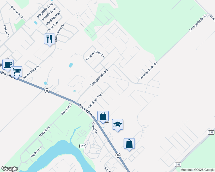 map of restaurants, bars, coffee shops, grocery stores, and more near 1438 Jordan Crossing in New Braunfels