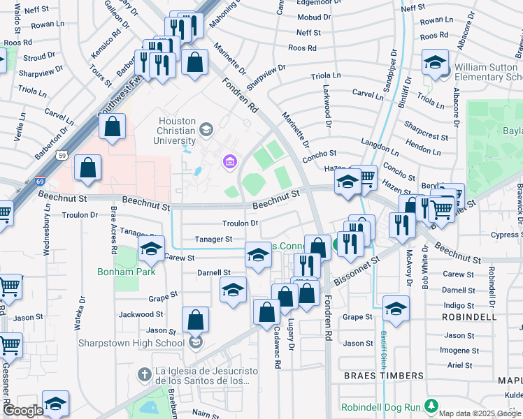 map of restaurants, bars, coffee shops, grocery stores, and more near 7209 Beechnut Street in Houston