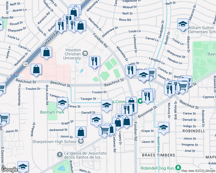 map of restaurants, bars, coffee shops, grocery stores, and more near 7209 Beechnut Street in Houston