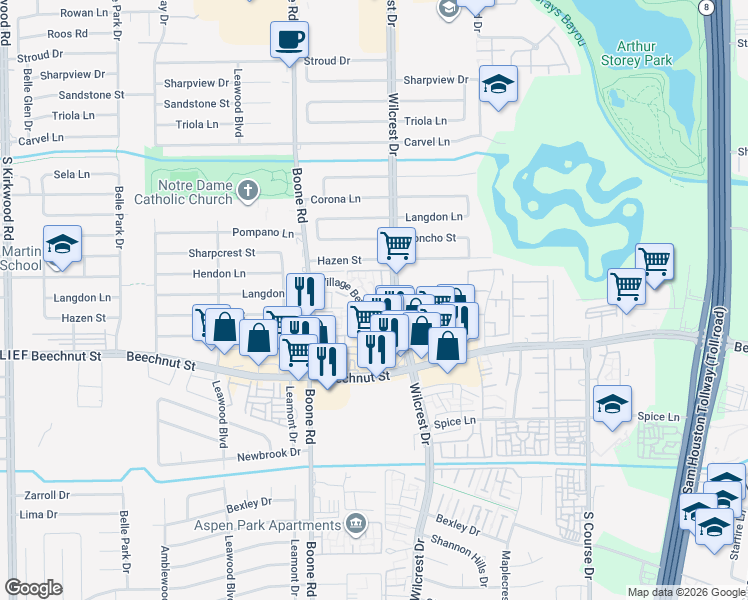 map of restaurants, bars, coffee shops, grocery stores, and more near 10932 Village Bend Lane in Houston