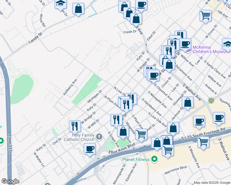 map of restaurants, bars, coffee shops, grocery stores, and more near 1630 West Bridge Street in New Braunfels