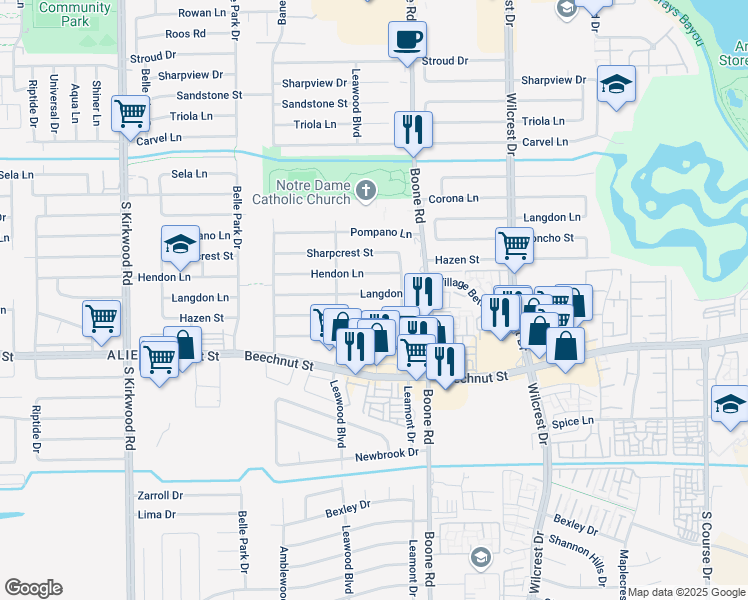 map of restaurants, bars, coffee shops, grocery stores, and more near 11235 Langdon Lane in Houston