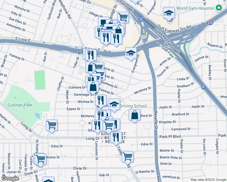 map of restaurants, bars, coffee shops, grocery stores, and more near 7383 Fairway Drive in Houston