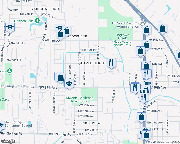 map of restaurants, bars, coffee shops, grocery stores, and more near 4119 Northwest 19th Drive in Gainesville