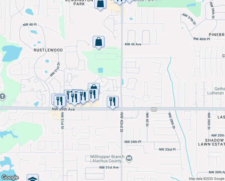 map of restaurants, bars, coffee shops, grocery stores, and more near 4108 Northwest 43rd Terrace in Gainesville
