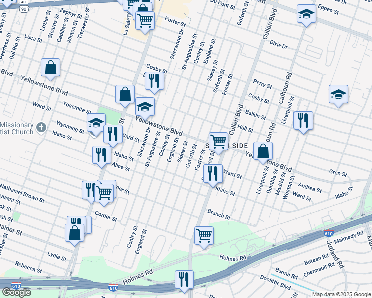 map of restaurants, bars, coffee shops, grocery stores, and more near 6739 Sidney Street in Houston