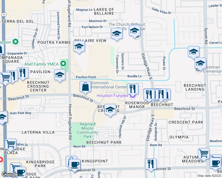 map of restaurants, bars, coffee shops, grocery stores, and more near 13830 Canyon Hill Street in Houston
