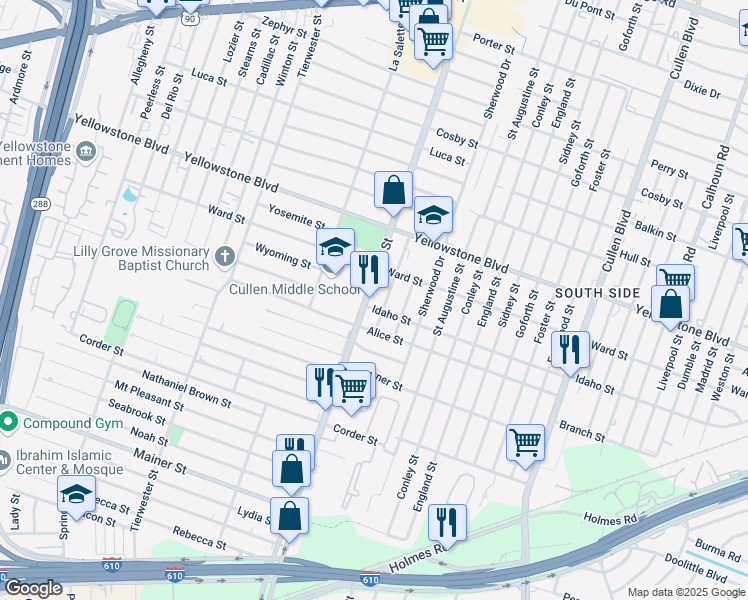 map of restaurants, bars, coffee shops, grocery stores, and more near 6835 Scott Street in Houston