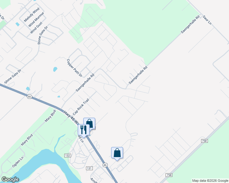 map of restaurants, bars, coffee shops, grocery stores, and more near 345 Flat Land Pass in New Braunfels