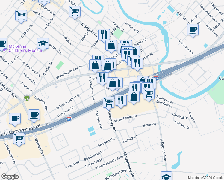 map of restaurants, bars, coffee shops, grocery stores, and more near 243 Perryman Street in New Braunfels