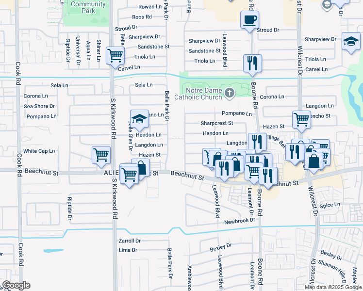 map of restaurants, bars, coffee shops, grocery stores, and more near 8010 Baneway Drive in Houston