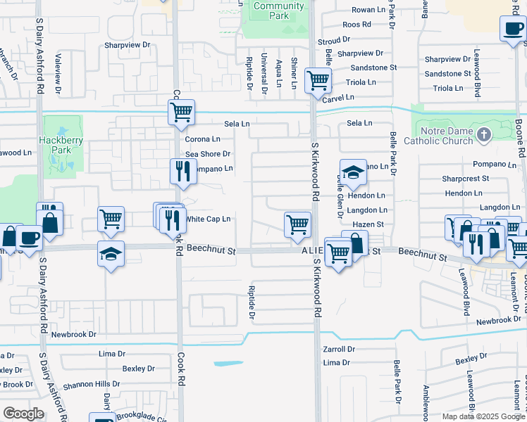 map of restaurants, bars, coffee shops, grocery stores, and more near 12015 Langdon Lane in Houston