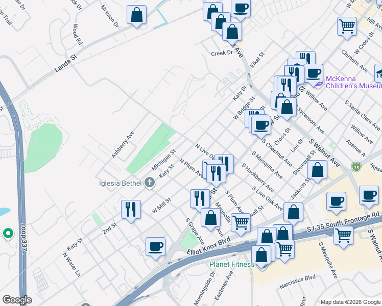 map of restaurants, bars, coffee shops, grocery stores, and more near 1630 West Bridge Street in New Braunfels