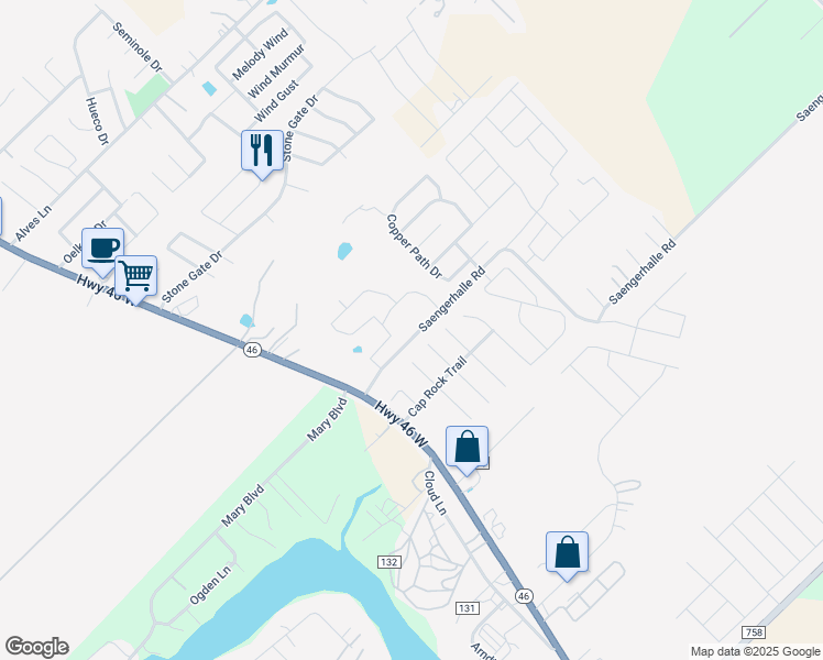 map of restaurants, bars, coffee shops, grocery stores, and more near 255 Saengerhalle Road in New Braunfels
