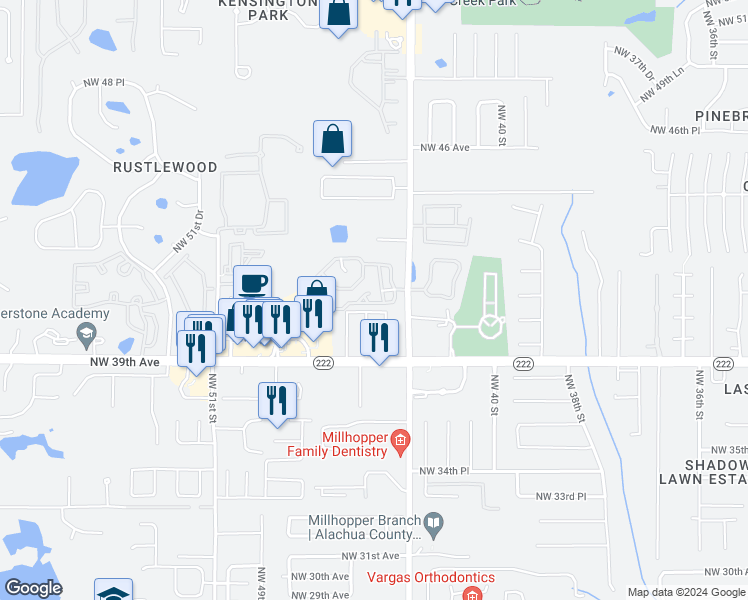 map of restaurants, bars, coffee shops, grocery stores, and more near 4107 Northwest 44th Court in Gainesville