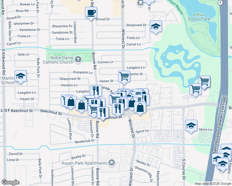 map of restaurants, bars, coffee shops, grocery stores, and more near 10932 Village Bend Lane in Houston