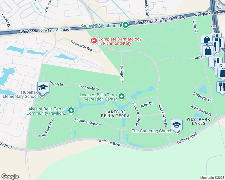 map of restaurants, bars, coffee shops, grocery stores, and more near 23918 Via Renata Drive in Richmond
