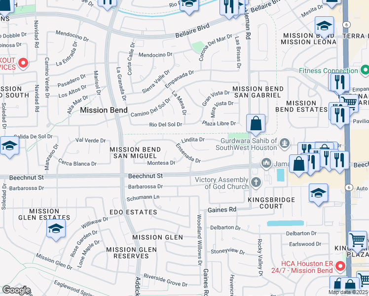 map of restaurants, bars, coffee shops, grocery stores, and more near 15422 Ensenada Dr in Houston