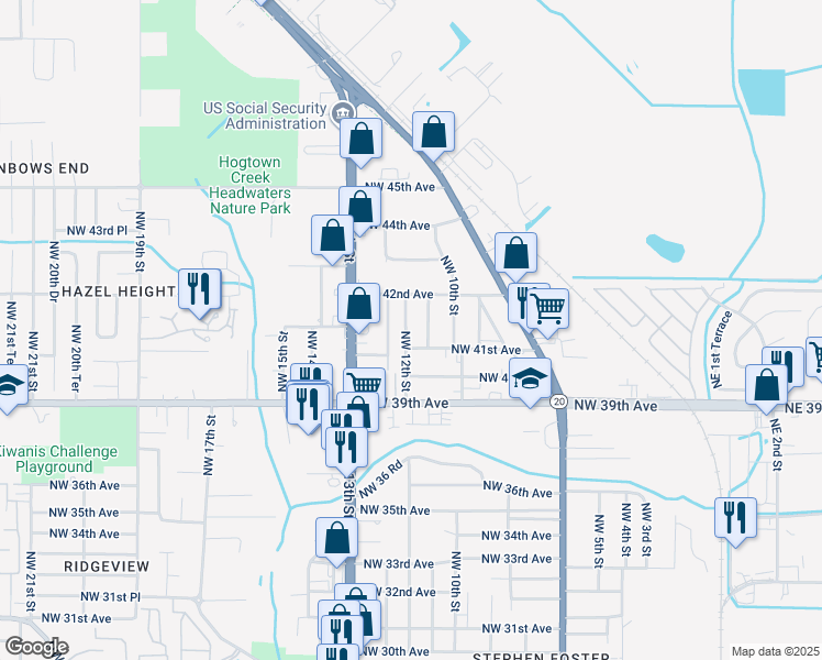 map of restaurants, bars, coffee shops, grocery stores, and more near 4125 Northwest 12th Street in Gainesville